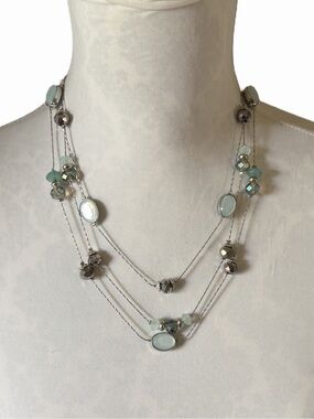 Charming Charlie Layered Silver Tone Necklace w/ Aqua & Crystal Accents